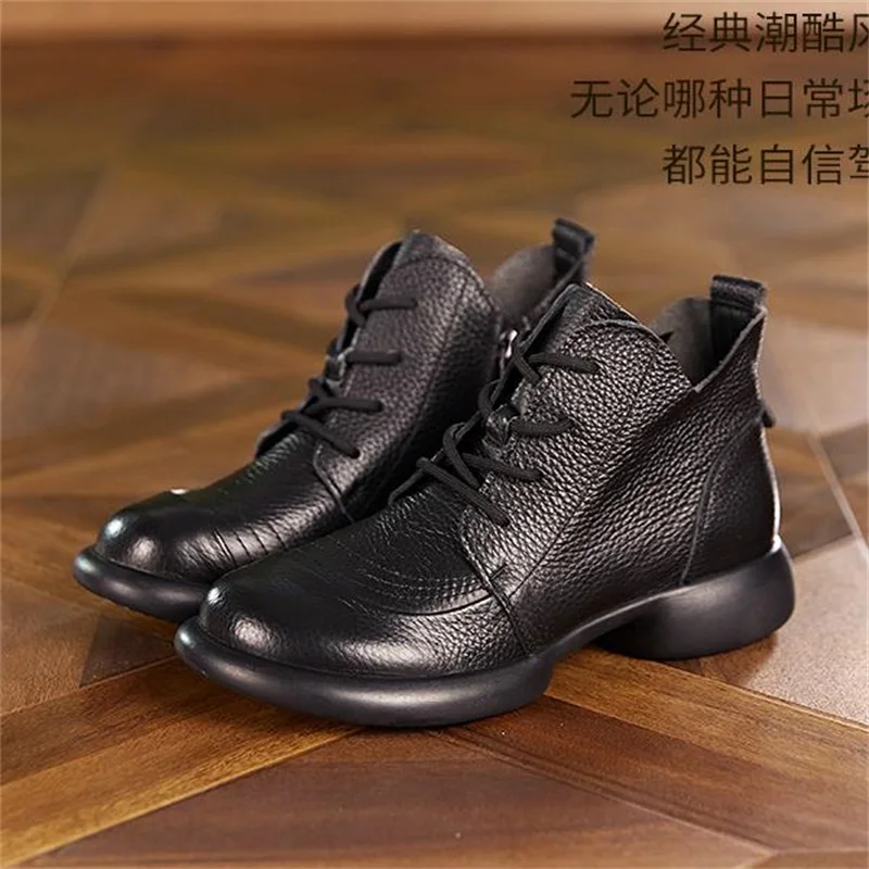 Classic Black Women Genuine Leather Boots Winter Warm Flat Heel Ankle Boots Ladies Round Toe Casual Leather Shoes 35 41