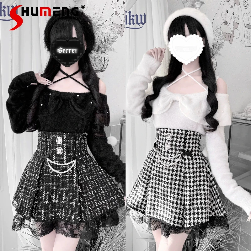 

Japanese Sweet Lolita Off-Shoulder Halter Sweater Autumn Cute Girl's Mine Mass-Produced Knitted Pullover Top High-Waisted Skirt