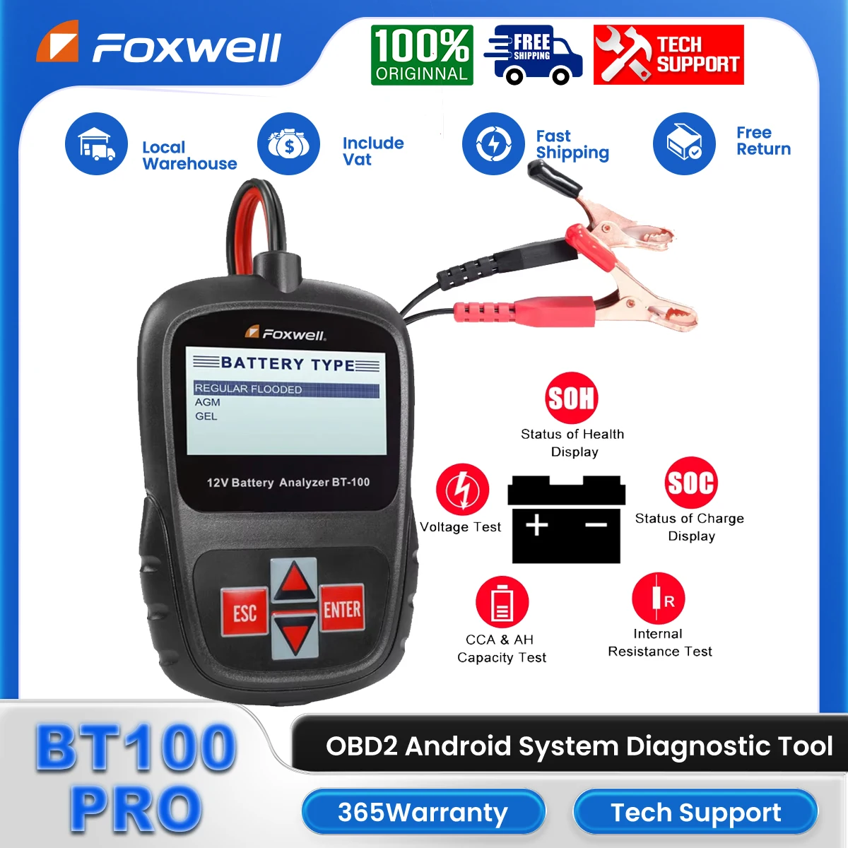 FOXWELL BT100 Pro 12V Car Battery Diagnostic Tool Tester 100-1100CCA 12V Digital Battery Analyzer Vehicle Cranking Charging Scan