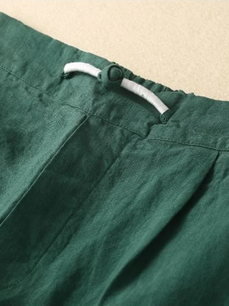 Loose Women's Shorts New Cotton Linen Solid  High Waist Short Fashion Quarter  Green Wide Leg  for  E250