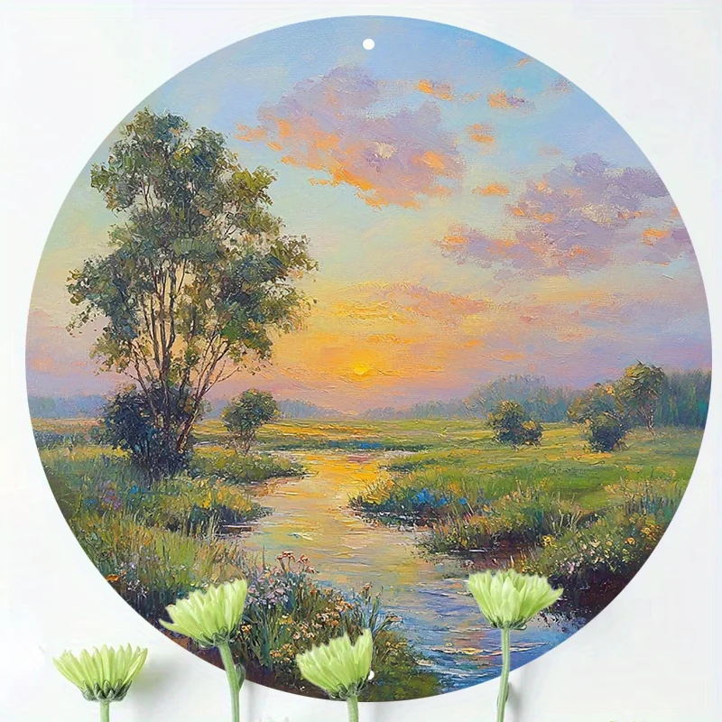 Rustic Sunset River Landscape Metal Wall Art Sign - 8x8 Inch (20x20cm) Round 2D Flat Aluminum Vintage Farmhouse Decor with Seren