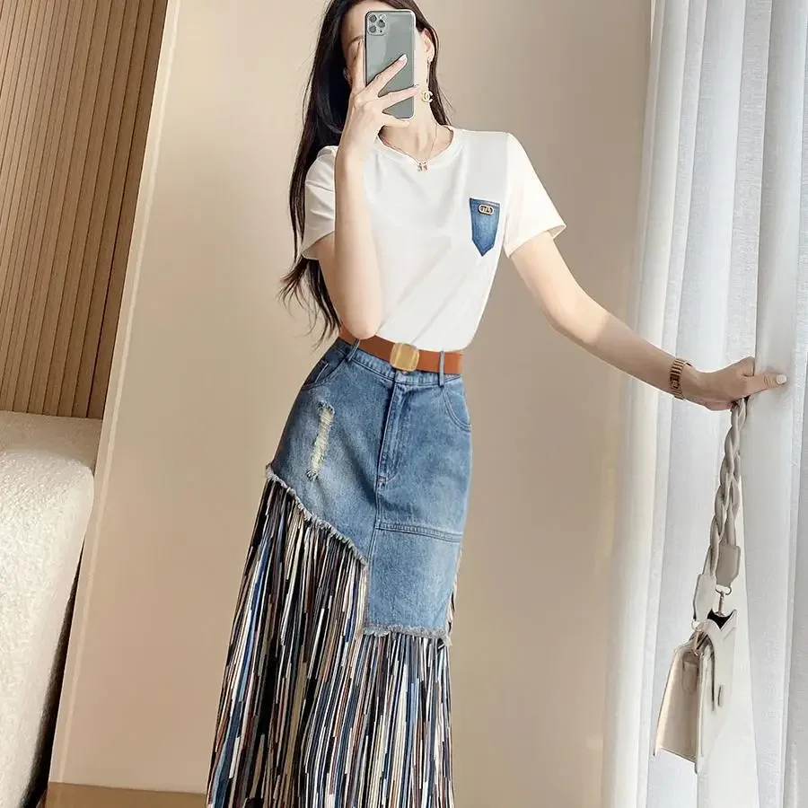 Female Jeans Skirts Midi Patchwork Zipper Long Women\'s Denim Skirt High Waist with Pocket Maxi Korean Fashion Streetwear Casual