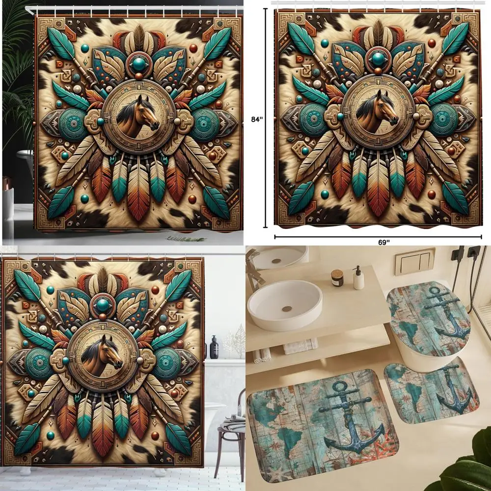 

Занавеска для душа в юго-западном стиле с лошадью и перьями со стрелками на земле, тканевый декор для ванной комнаты