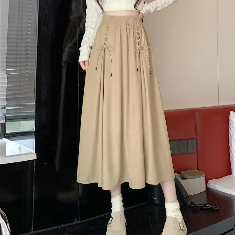 Women's Brown Corduroy Skirt Spring Autumn Mid-Length High-waisted Skirts Korean Style Elegant Clothes South Korea Vintage Long