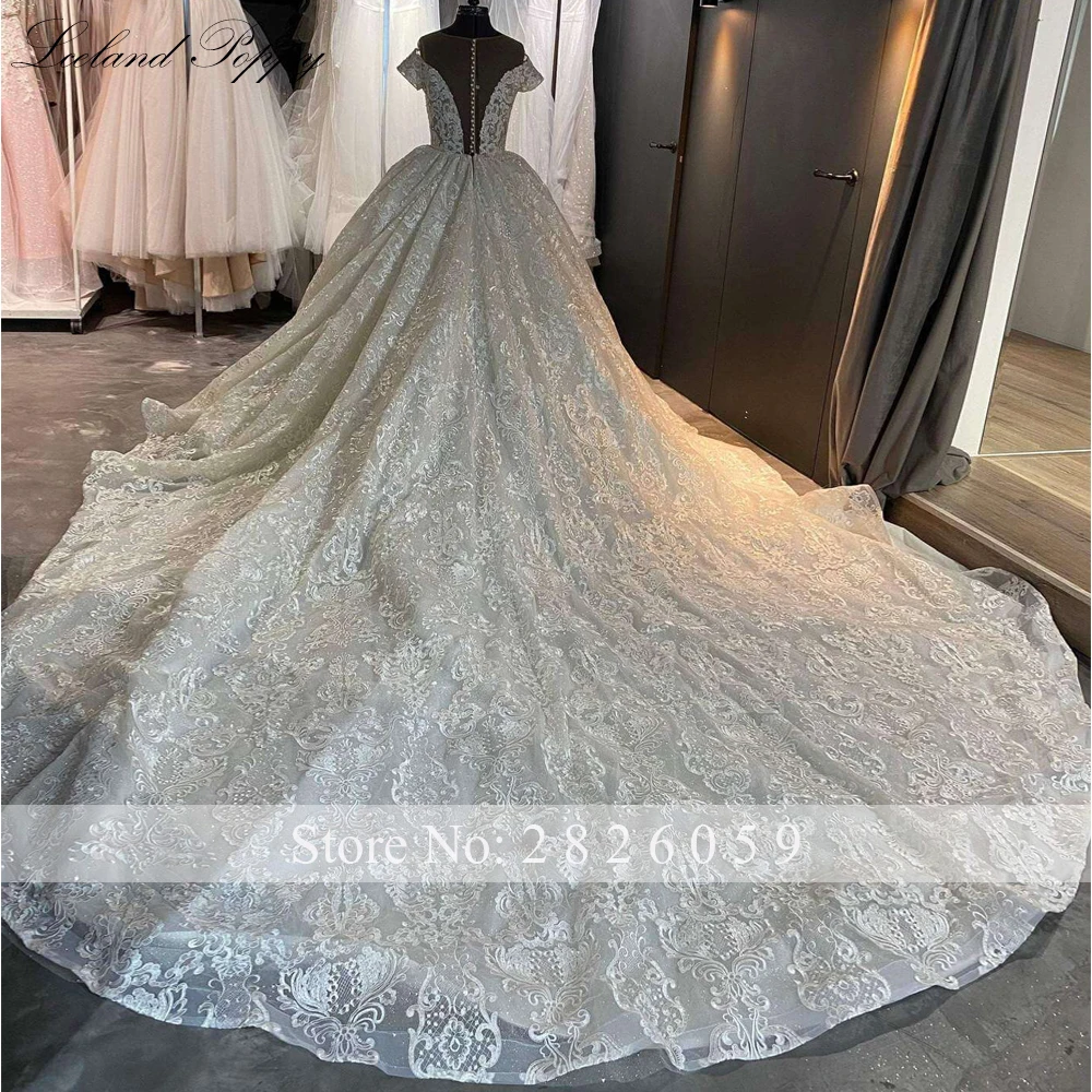 Lceland Poppy Customized Scoop Neck Ball Gown Lace Wedding Dresses Cap Sleeves Glitter Tulle Floor Length Bridal Gowns