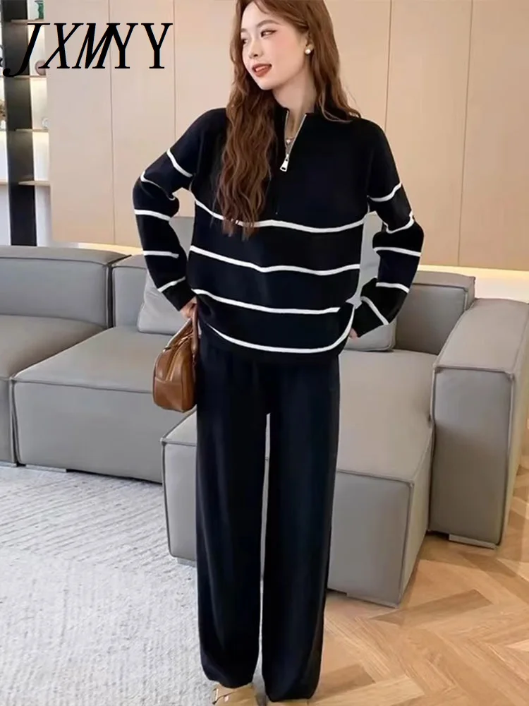 Women\'s Striped Stand Collar Sweater Set, Elegant Knitwear, Casual Trousers, 2-Piece Set, Autumn and Winter, New, 2024