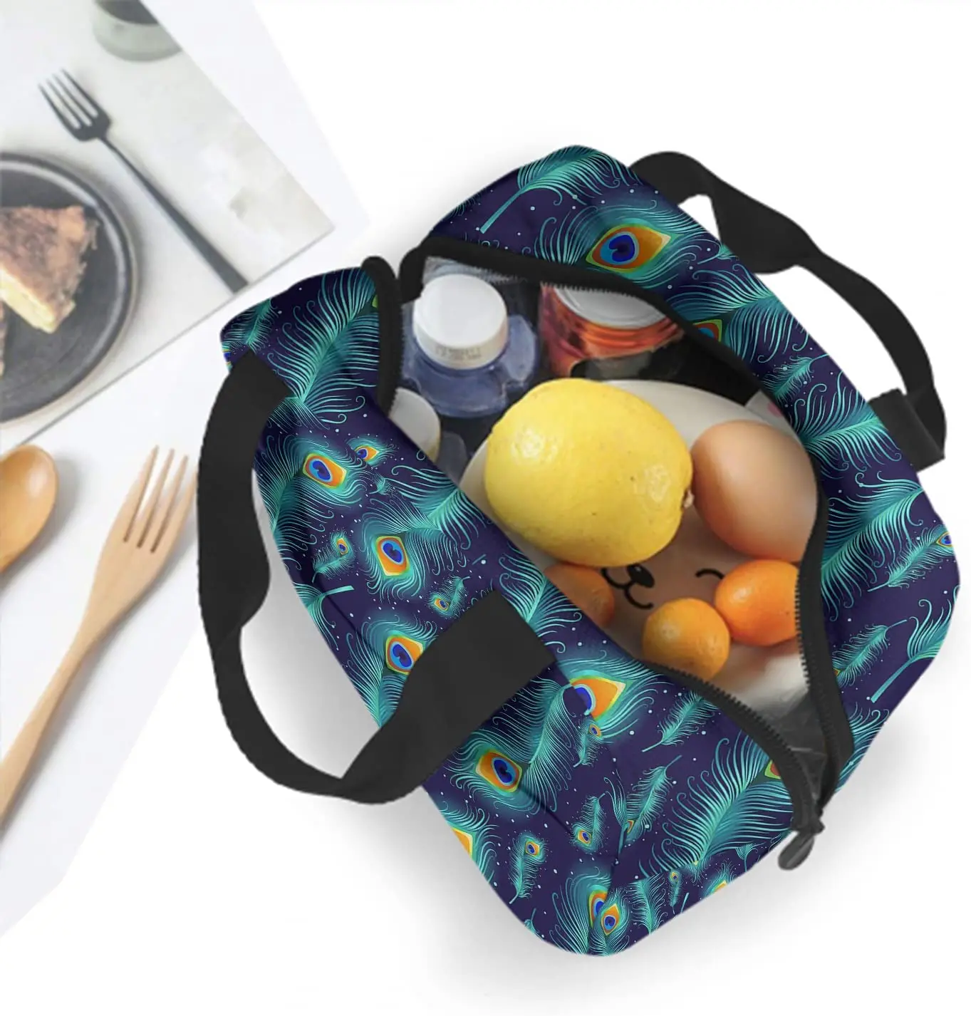 Peacock Feather Lunch Box Beautiful Animal Bird Kids Reusable Lunch Bag for Men Women Day Trips Beaches Sports Work One Size