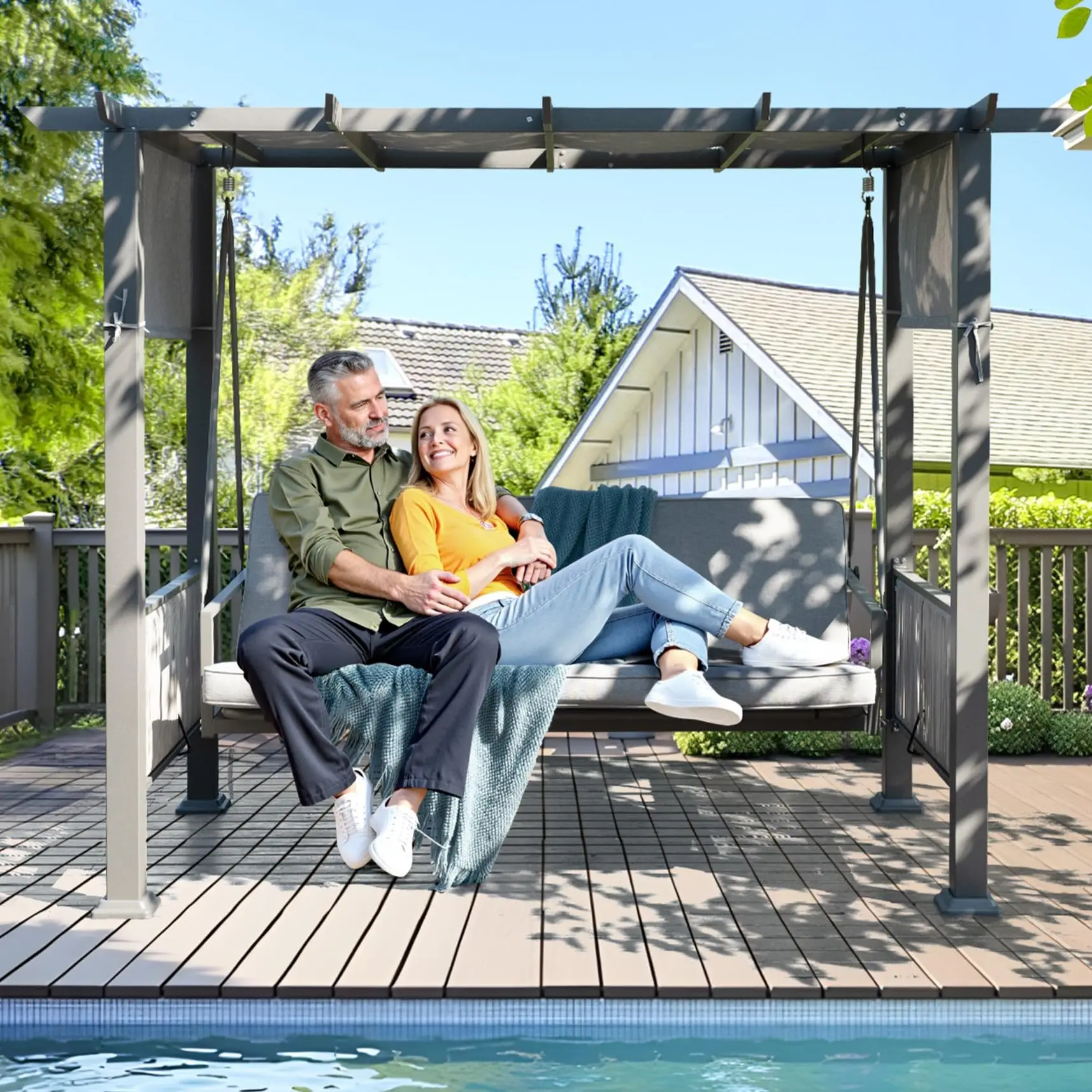 3-Seat Porch Swing with Stand, 990 LBS 2 in 1 Convertible Bed Patio Swings with Canopy Adjustable, Wicker Side Panel