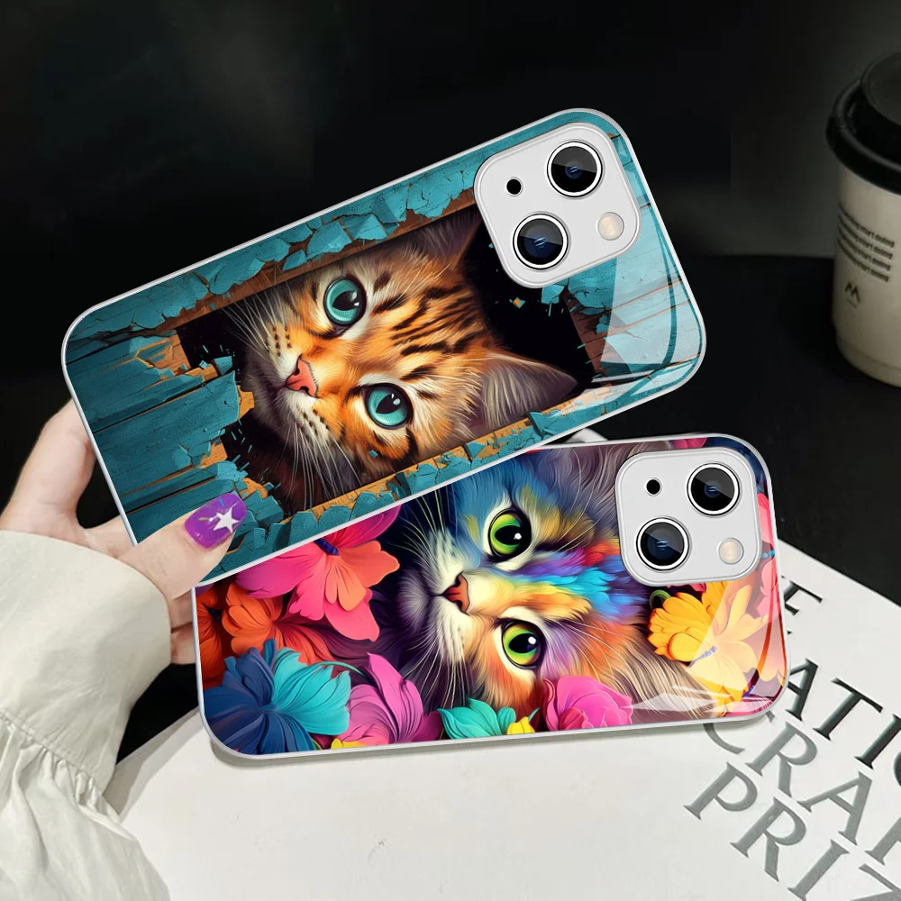 Cute Detection Cat Phone Case Tempered Glass For iphone 14 13 12 11 Pro Mini XS MAX 14Plus X XS XR Cover