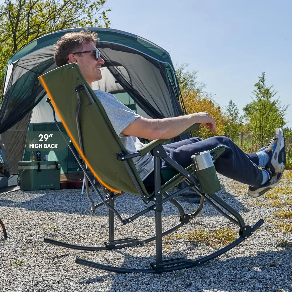 Oversized Folding Rocking Camping Chair High Back Outdoor Rocker Portable for Outside Lawn Patio Travel Garden