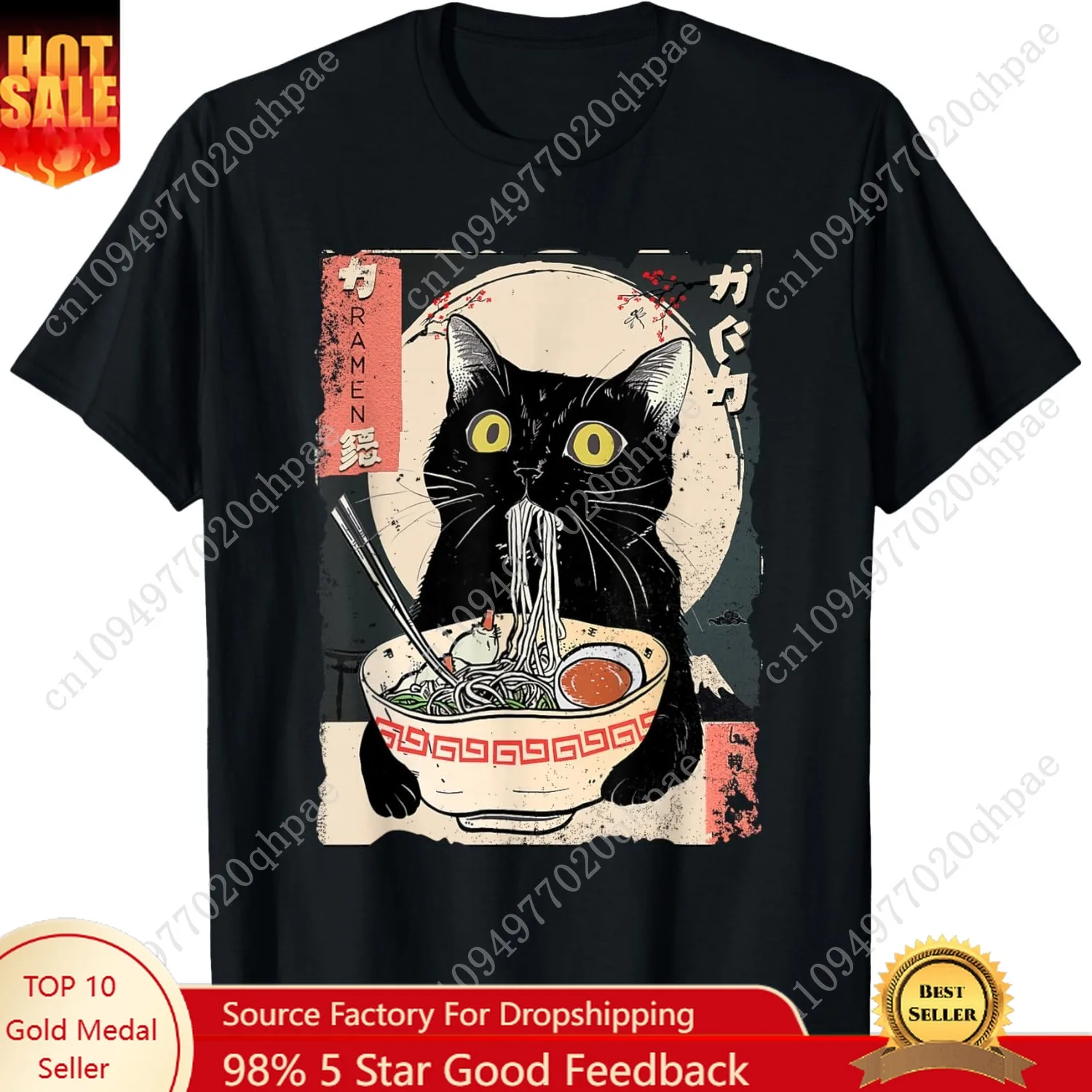 Kawaii القط الأكل رامين الشعرية مضحك أنيمي هدية الفتيات المراهقين تي شيرت