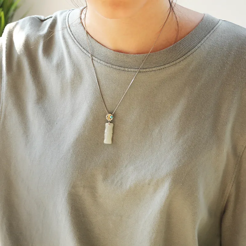 

GL New Chinese-style Gold and Silver Two-tone Turquoise Bamboo Joint Hetian Jade Necklace - A Great Gift