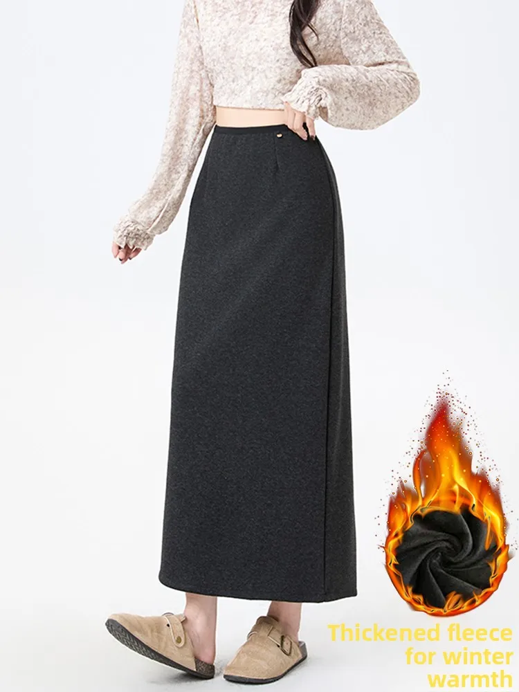 

High Waist Fleece Lined Knitted Half Skirt Women's Winter Fashion Straight Cut Versatile Knit Skirt Elegant All Match