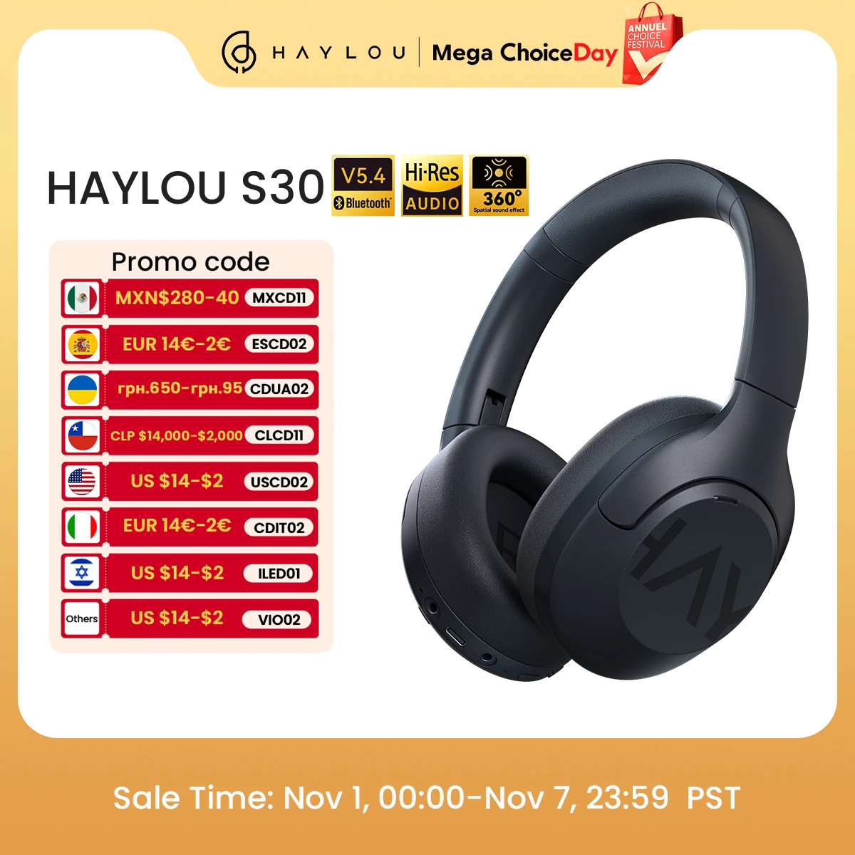 

HAYLOU S30 Wireless Bluetooth 5.4 Headphones 43dB Adaptive Noise Cancelling Headsets 40mm Driver 80H Playtime Earphones