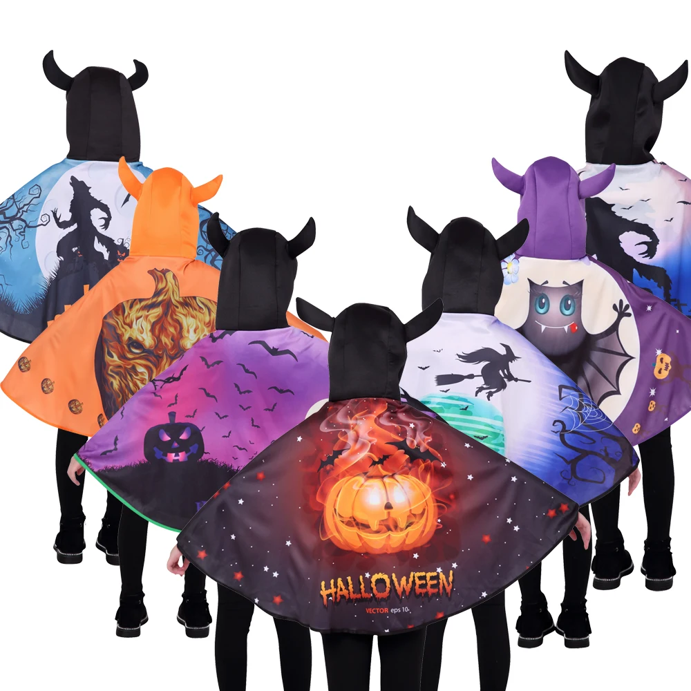 Children Halloween Cape with Hood Devil Horn Cosplay Costumes For 4-13 Year old Kids Trick or treating