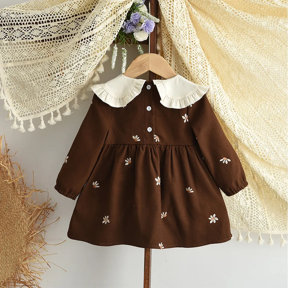 Bear Leader Spring and Autumn New Brown Baby Girl Dresses Fashion Embroidered Bow Flower Long Sleeve Collar Kids Dress