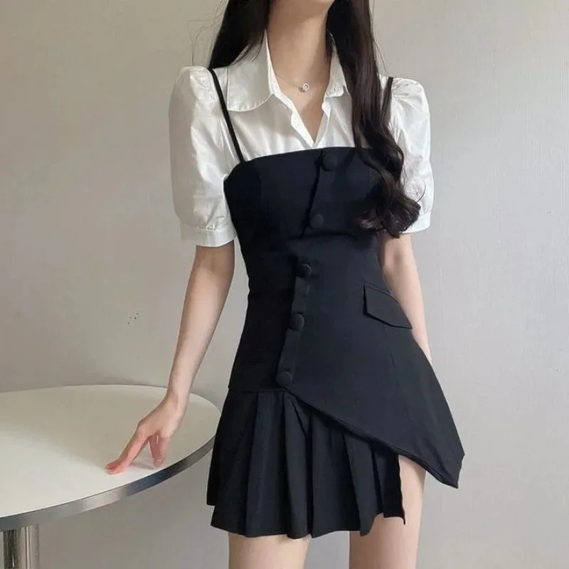 Korean Academy Shirt Irregular Suspended Dress Two Piece Set Women Fashion Sweet Temperament Solid Waist Slim Summer Female Wear