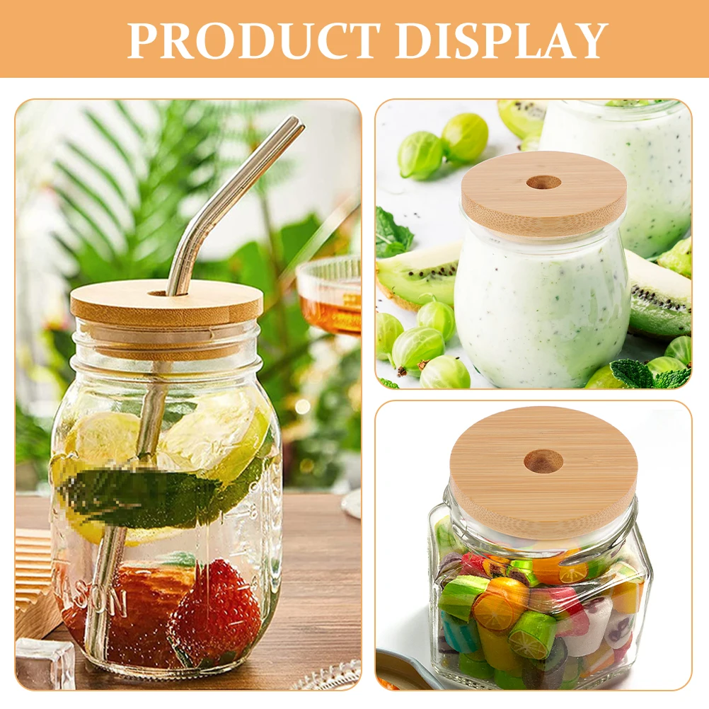 

8 Pcs Wood Grain Sealed Mug Lids Jar Covers Straw Holes Reusable Glass Bottle Caps Household for Jars