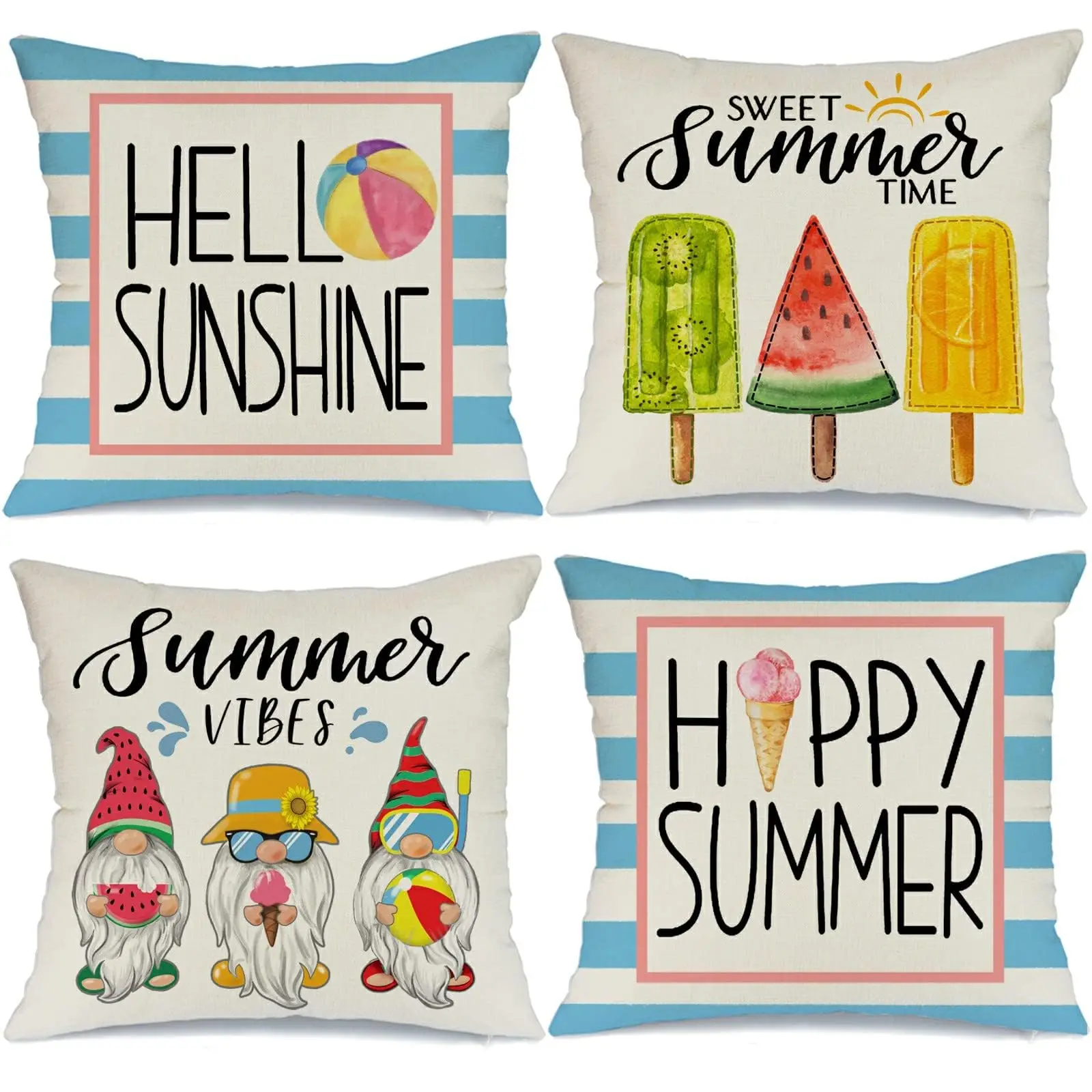 Summer Pillow Covers 18x18 Inch Set of 4,Icecream Hello Sunshine Happy Farmhouse Decorative Throw Pillowcases for Home Sofa Deco