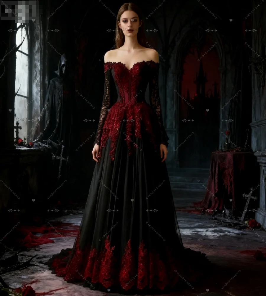 Enchanted Forest Black And Red Wedding Dress 2026 Off Shoulder Long Sleeve Gothic Bridal Dresses Appliques Lace Halloween 2026