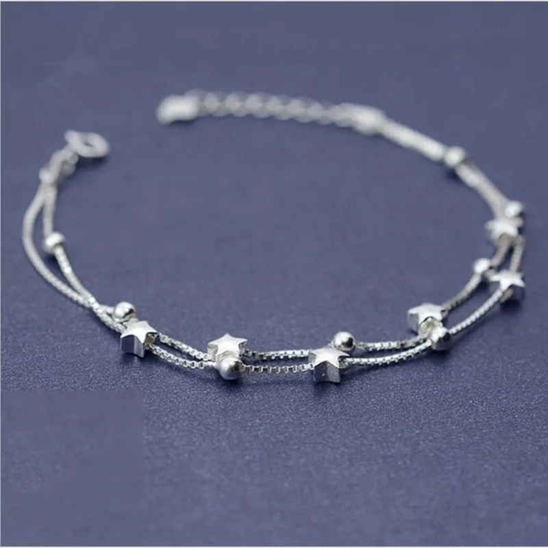 Fashion Multi-layer 925 Sterling Silver Jewelry Frosted Five-pointed Star Chain Box Female Bracelets   SL013