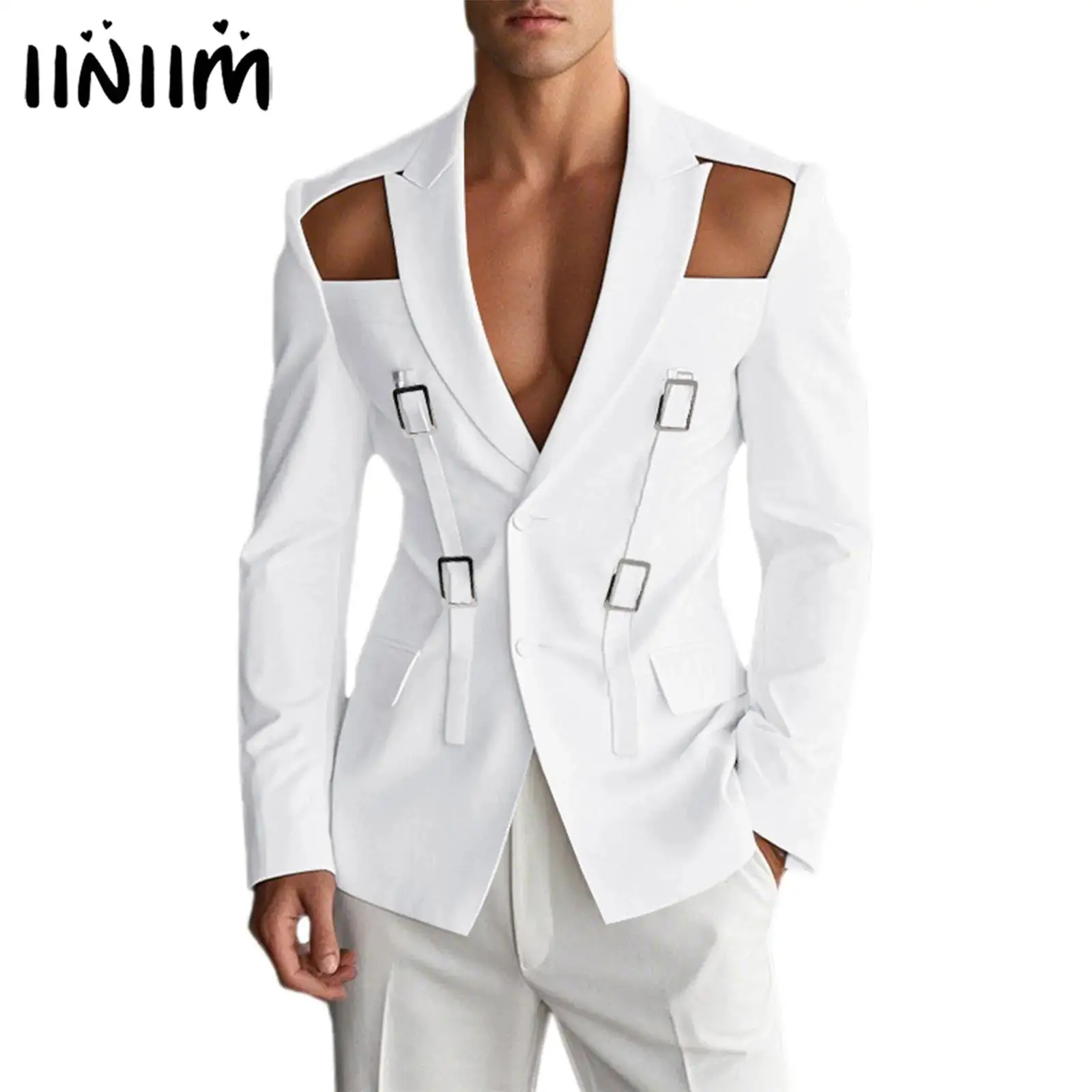 

Mens Cutout Shoulder Blazer Tops Metal Buckle Decor Lapel Long Sleeve 2-button Suit Jacket Coat for Party Music Festival Costume