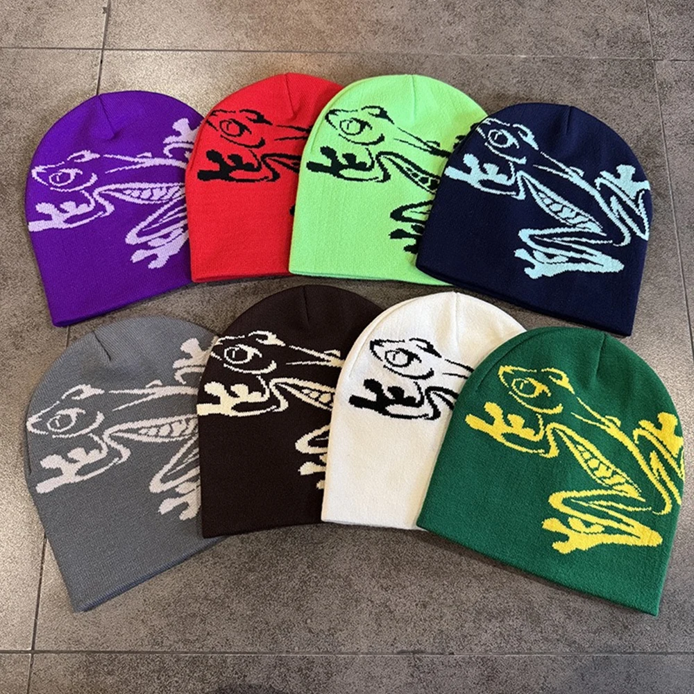 Korean Style Cartoon FROG Graphic Print Skullcap Daily Outdoor Casual Hat Winter Warm 100%Cotton Beanie Men Women