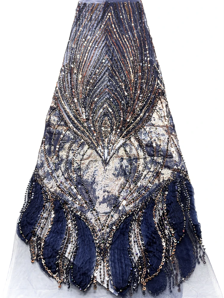 Latest African Sequins Lace Fabric 2026 High Quality Lace Embroidery Beaded Mesh Fabric 5 Yards for Women Party Dress