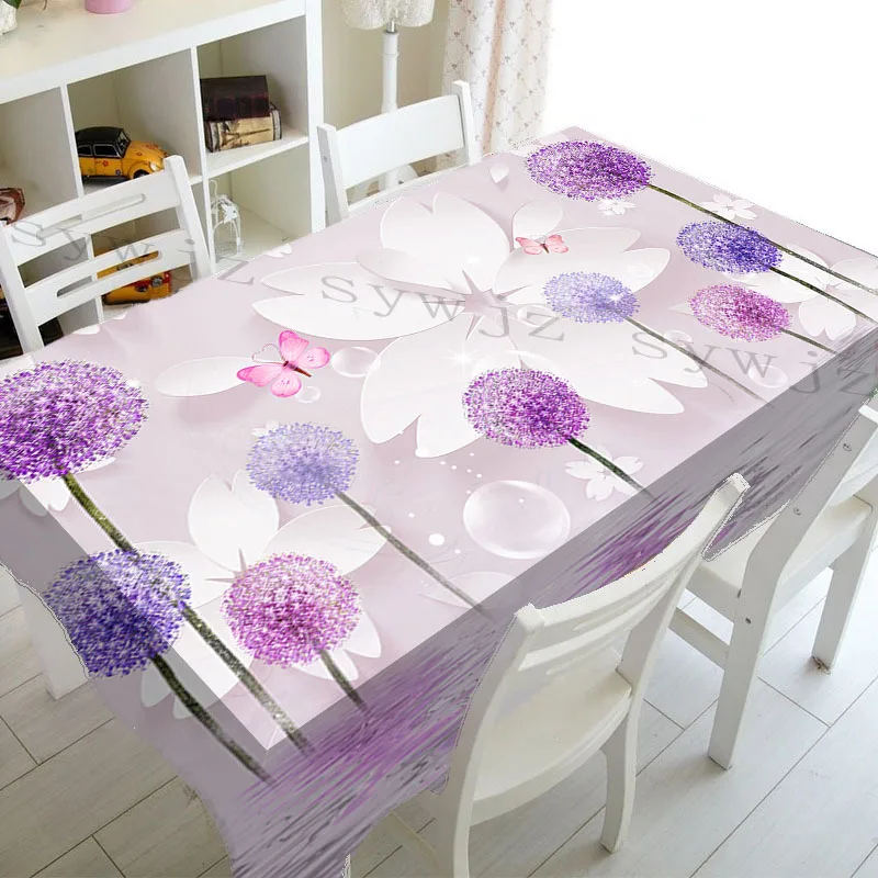 3D Floral Butterfly Print Tablecloth Purple Lilac Pattern Linen Stain Resistant Tablecloth Christmas Dinner Decor Tablecloth