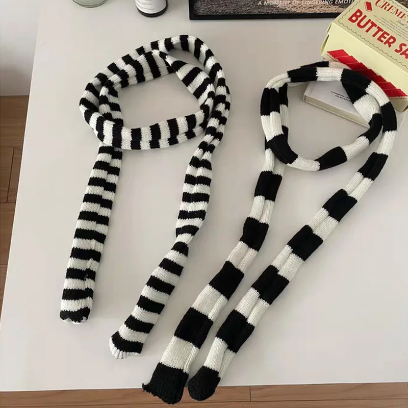 Y2K Punk Skinny Scarf Long Thin Strip Neck Scarves Unisex Street Neckerchief Knitting Concave Scarf Striped Belt Long Tie Scarf