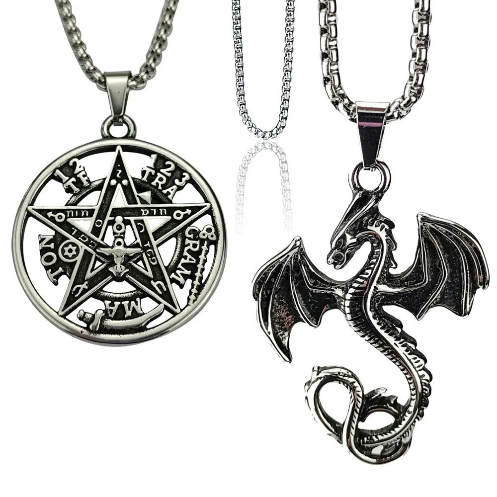 Personalized Stainless Steel Five-pointed Star Men's Dragon Animal Necklace Retro Literary Pattern Niche Accessories