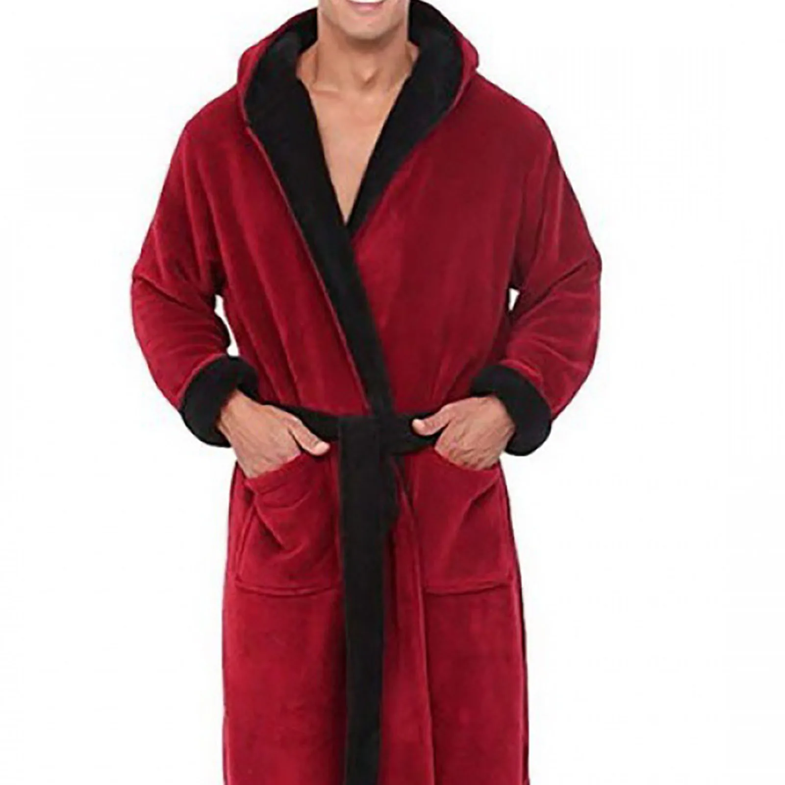 Men Soft Coral Fleece Color Block Pockets Long Bath Robe Home Gown Sleepwear