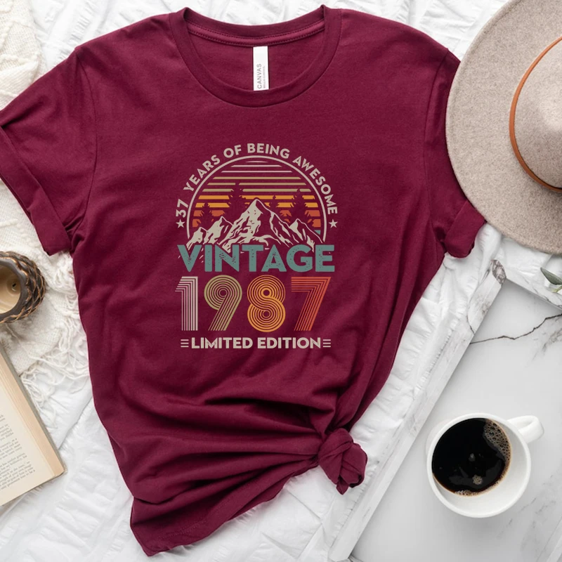 37 Years of Being Awesome Vintage 1987 Limited Edition Women T Shirt Cotton Retro 37th Old Birthday Clothes Mountains Top Tshirt