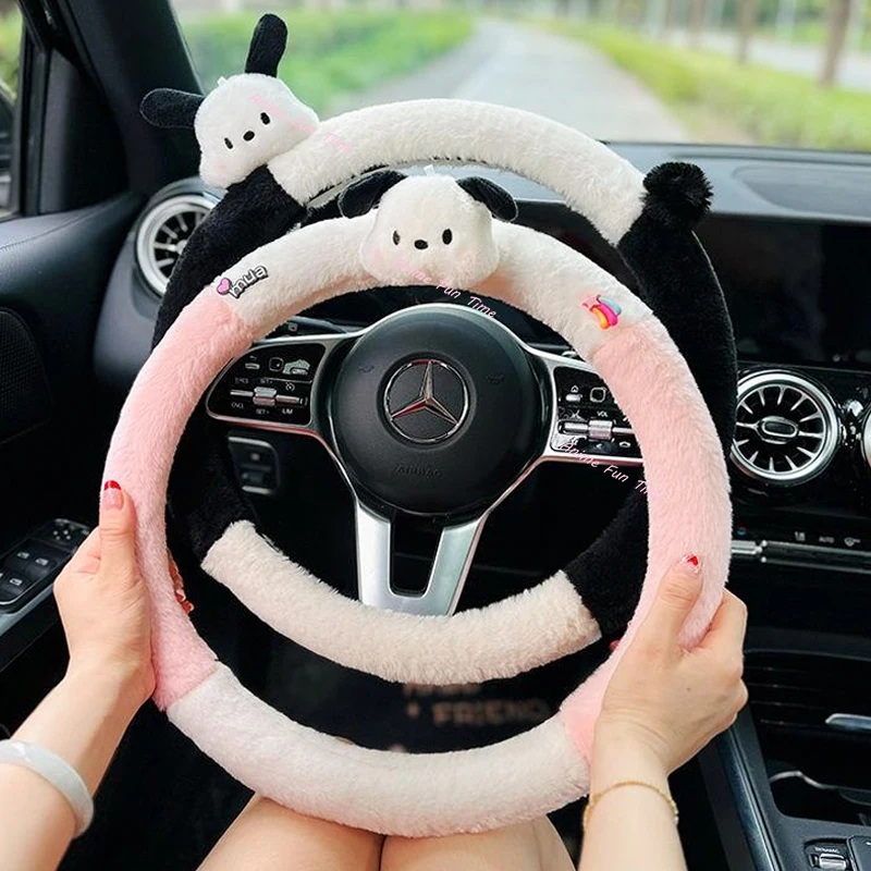 

Kawaii Sanrio Pochacco Steering Wheel Cover Cute Puppy Winter Warm Plush Car Handle Cover Women's Car Accessories Auto Interiors