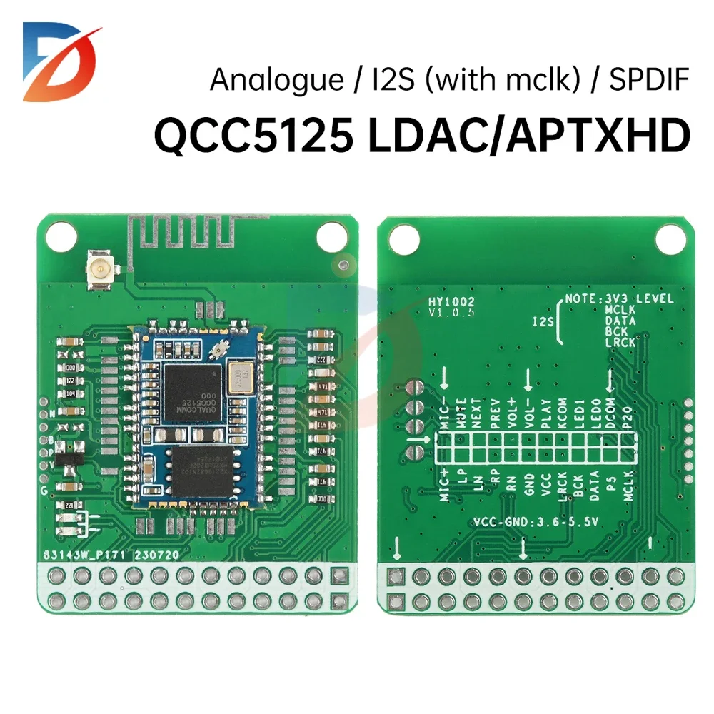 Bluetooth 5.1 Stereo Audio Module LADC Lossless QCC5125 Qualcomm APTX/APTXLL/APTXHD Decoding SPDIF Analog I2S DC 3.6-5.5V