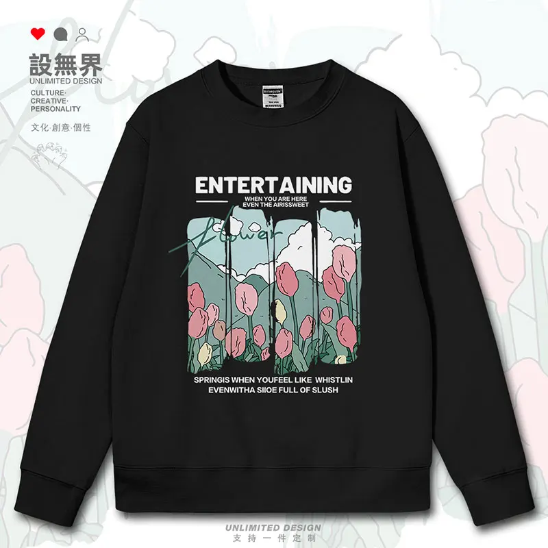 Hong Kong style chic tulip flower mountain oil painting style niche mens hoodies crewneck sweatshirt men autumn winter clothes