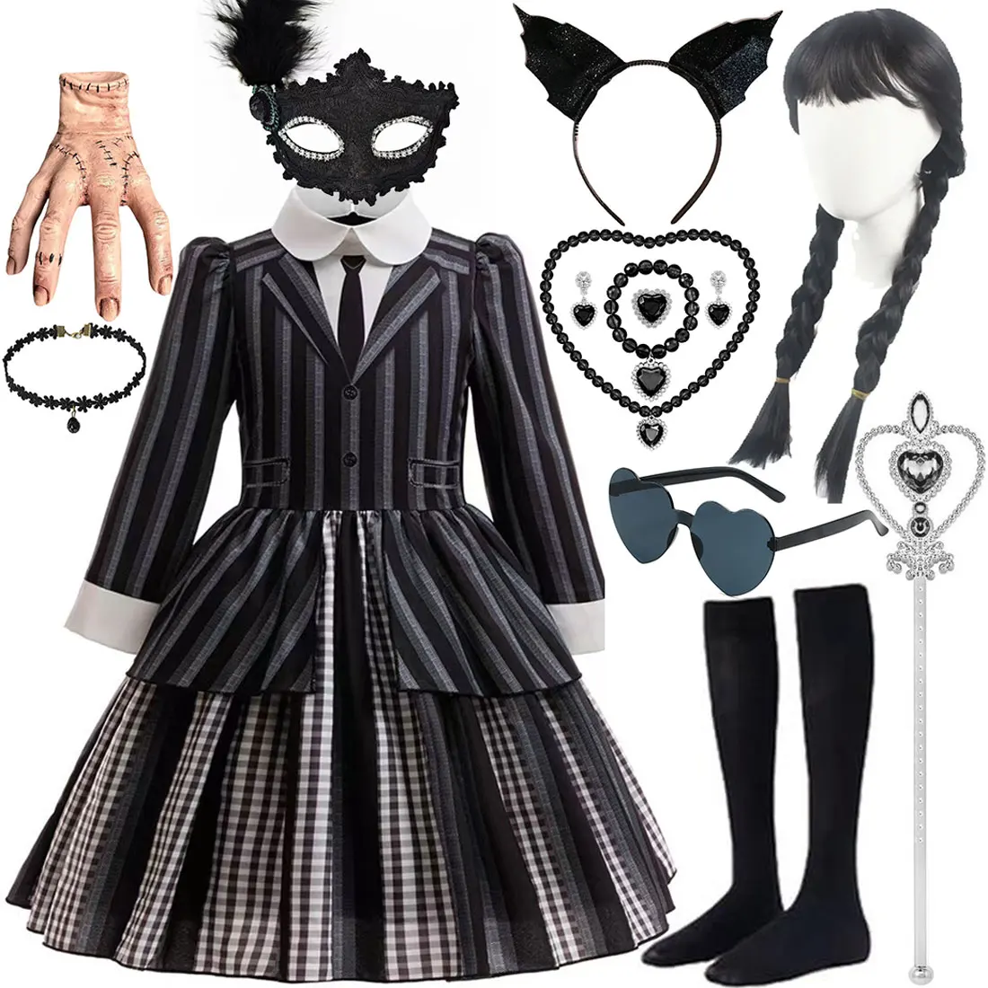 

New American Drama Black Wedn. Halloween Easter Festive Party Black Long Sleeve Princess Dress For Girl Cosplay Wen. Dress Set