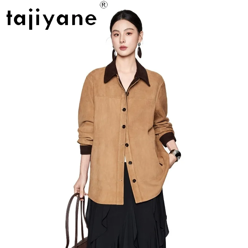 TAJIYANE Goatskin Suede Genuine Leather Jacket Woman Mid Length Leather Coat Jackets for Woman Vintage Outerwear Linerless 가죽자켓