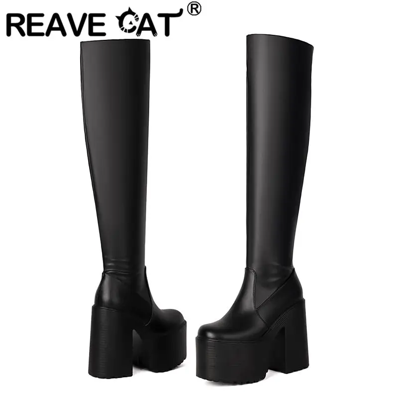 

REAVE CAT2025 Привлекательные женские сапоги до бедра с круглым носком и блочным каблуком 13,5 см, платформа 7,5 см, вечерние ботильоны выше колена на молнии 41 42 43