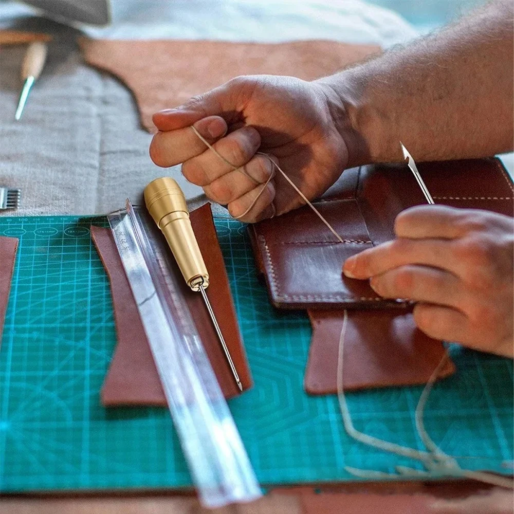 DIY Leder Nähset Leder Nähen Ahle Nadel mit Kupfer Griff Set Leder Leinwand Zelt Schuhe Reparatur Werkzeug 3-farbiges Faden – Detail 9