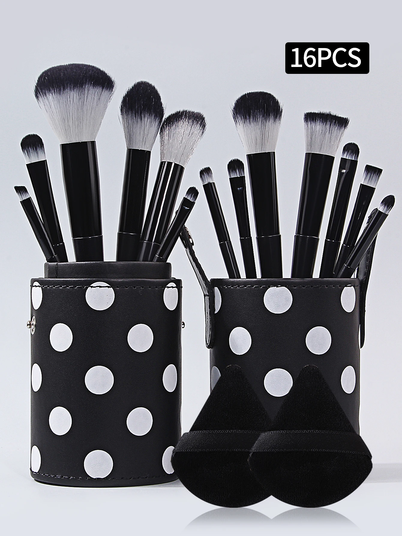 블랙 13피스 메이크업 브러쉬 세트, 부드러운 모의 아이섀도우 브러쉬, 컨투어 브러쉬, 2개 삼각형 파우더 퍼프, 가죽 보관통