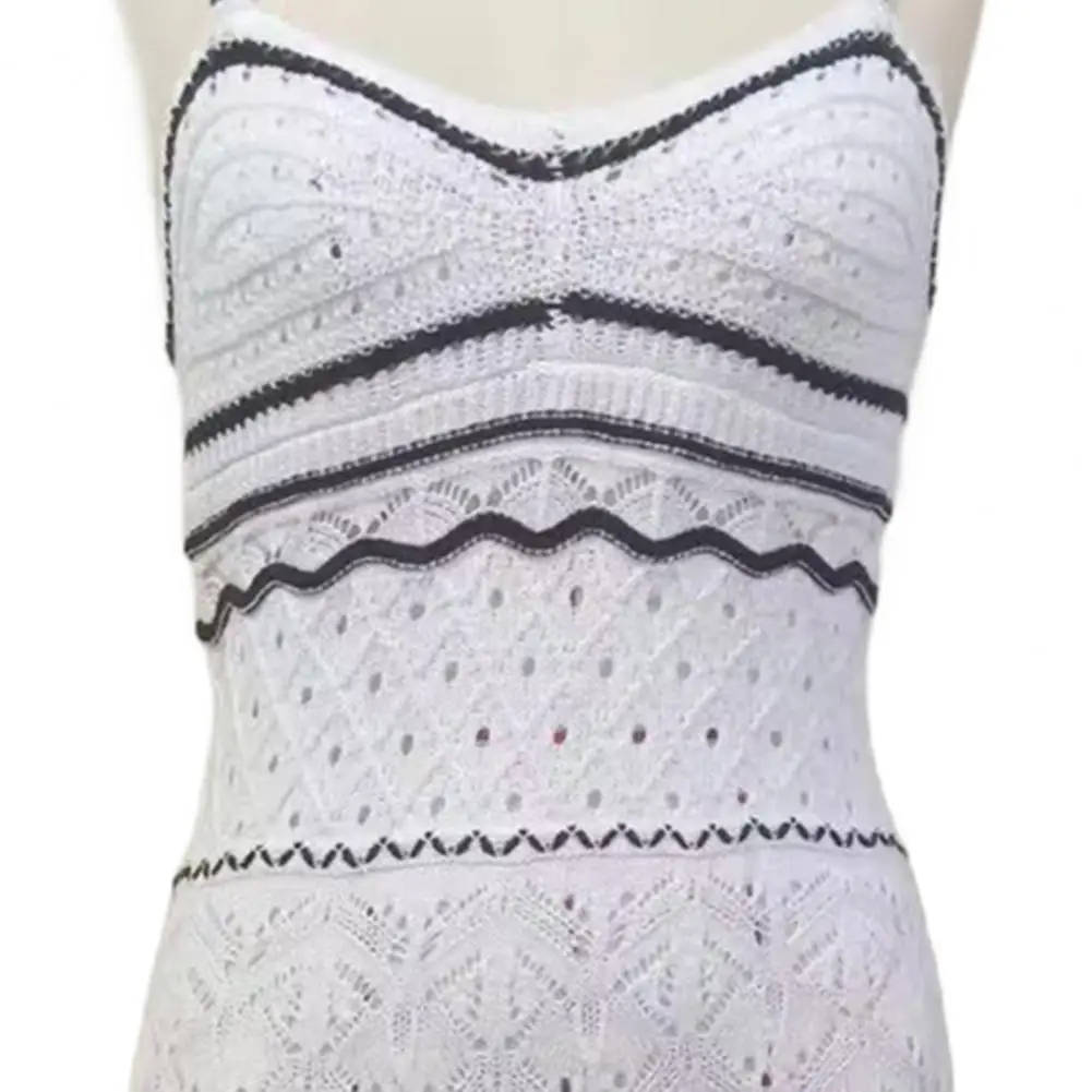 ผู้หญิงโครเชต์แขนยาวชุดชายหาดฤดูร้อนถักชุด Cami สปาเก็ตตี้ตาไก่ลาย Midi Dress