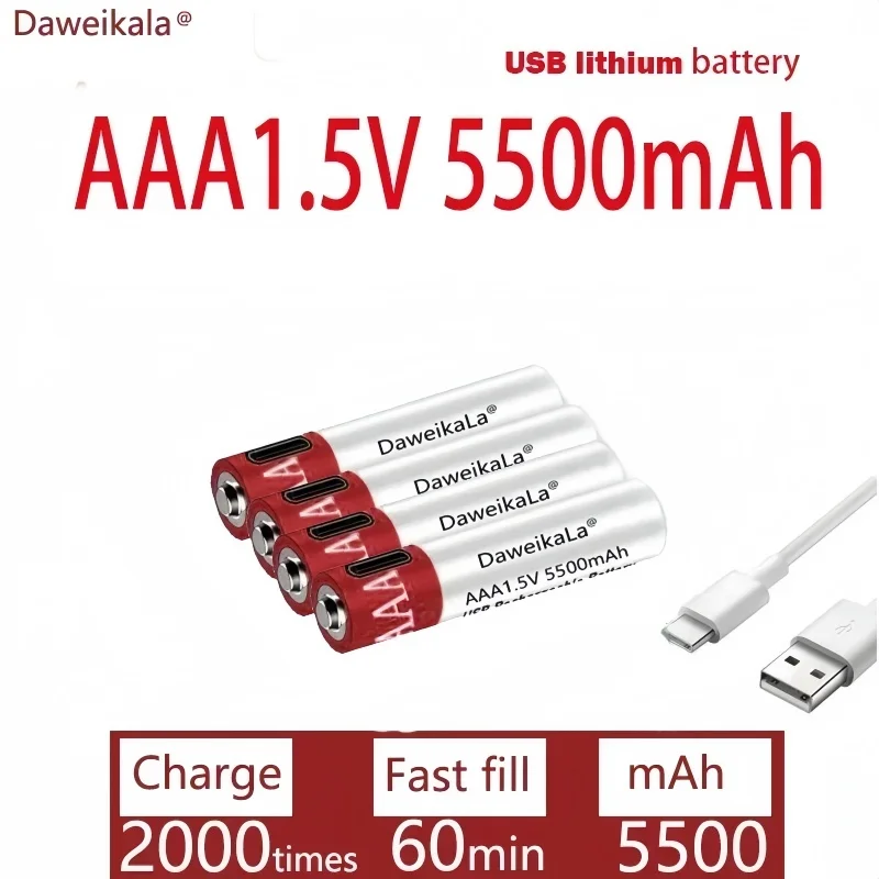 

AAA 5500mAh 1.5V Lithium-ion Rechargeable Battery USB Charging for Remote Control/Wireless Mouse/Keyboard W/Cable Long Lasting