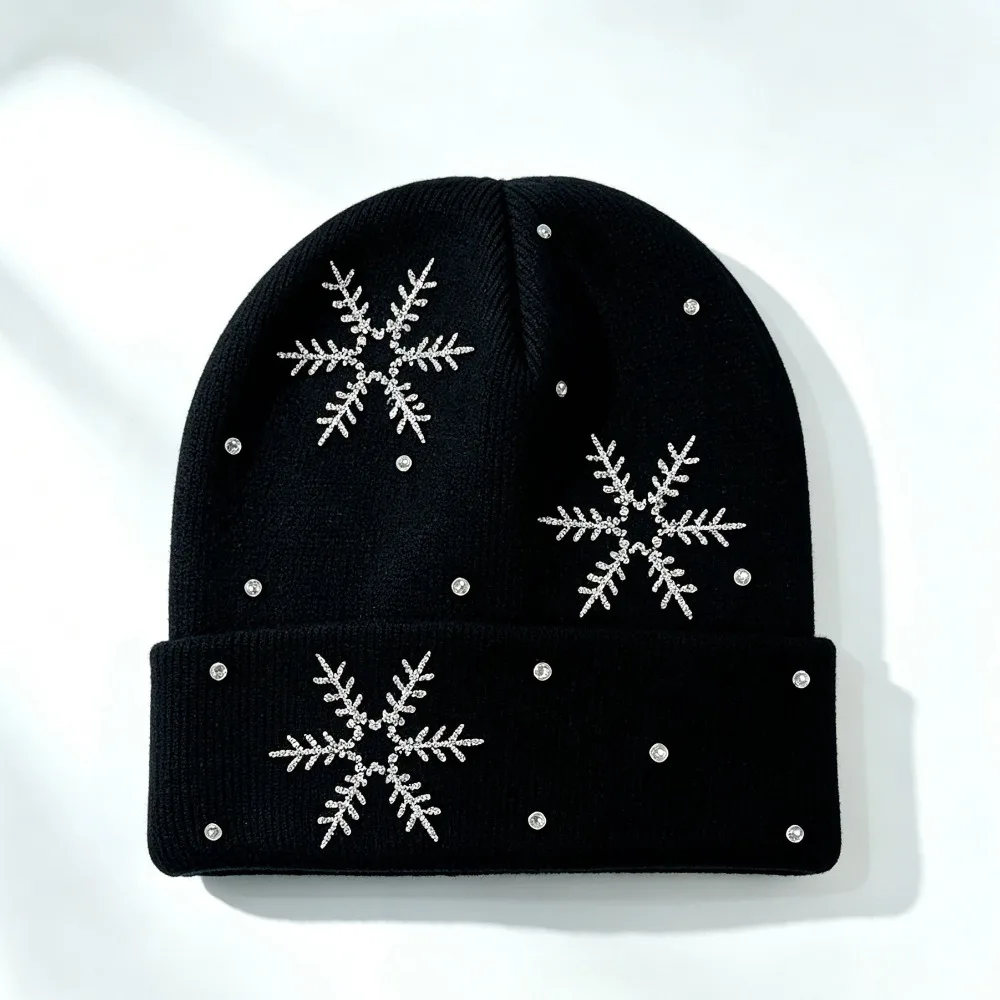 Knitted Fabric Winter Beanie Rhinestone Snowflake Embellishment Children Knit Hat Folded Cuff Soft Snowflake Knitted Cap