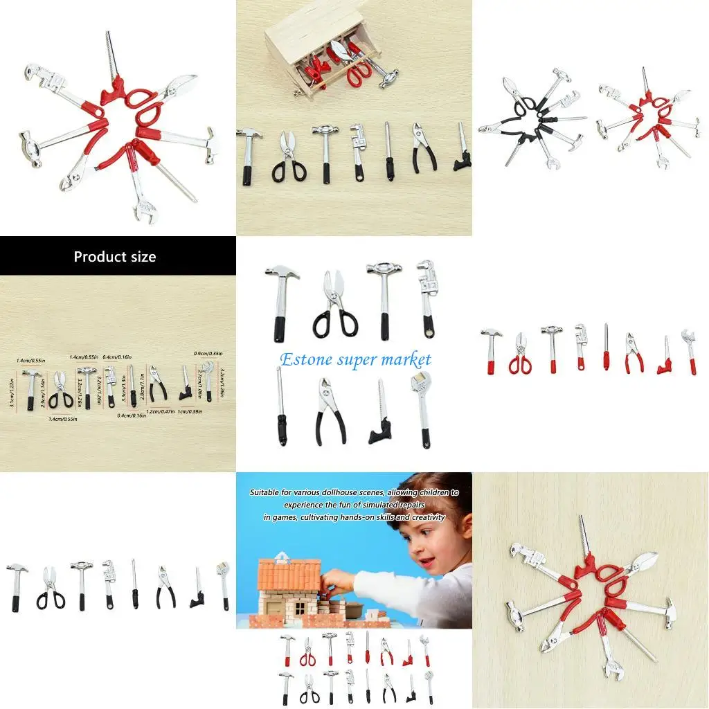 090B Poppenhuisaccessoires 8-delige miniatuurgereedschapset met hamermoersleutel Rollenspelkits voor kinderen Creatief