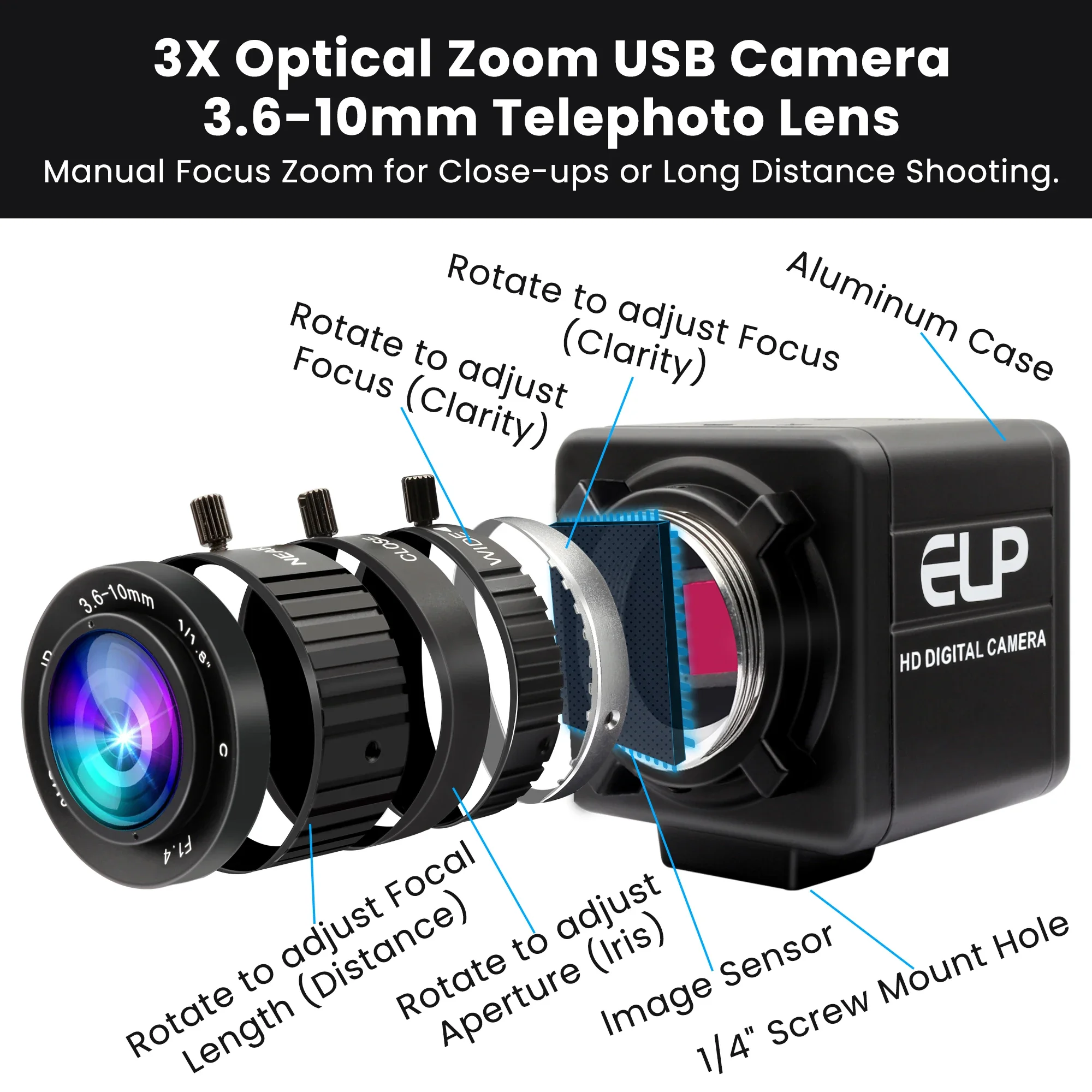 ELP 3.6-10mm Zoom USB Camera SmartSens SC2210 HDR Webcam H.264 2MP Starvis Low Light 0.0001Lux mini Video Security Camera