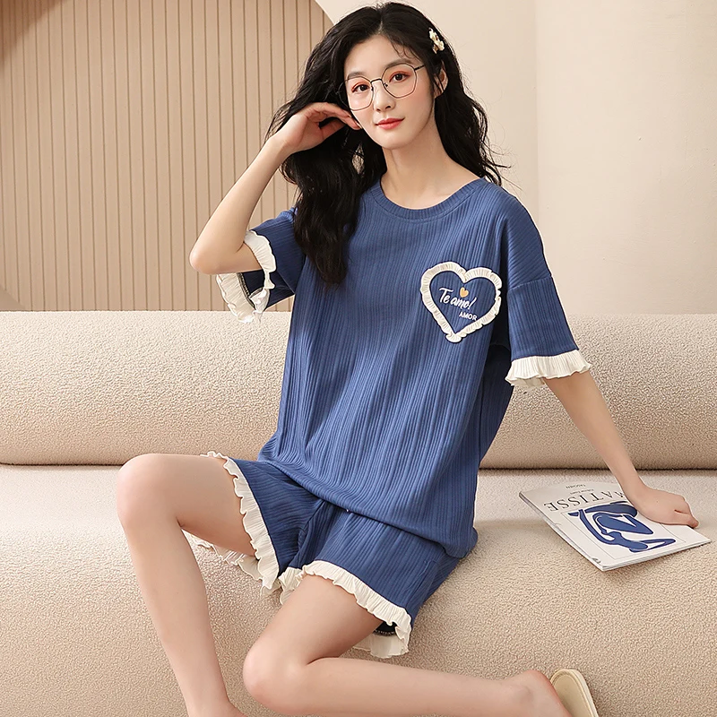 New Summer Striped Women\'s Sleepwear Kawaii Round Collar Pajamas Cotton Korean Pijamas Short Sleeve Shorts Home Suit for Girls