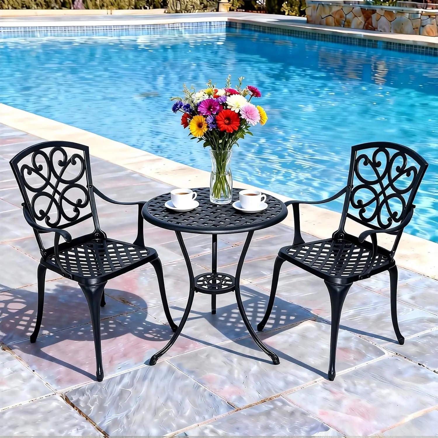 Black 3 Piece Patio Bistro Set with Cushions and Umbrella Holes, All-Weather for Garden, Porch, Pools