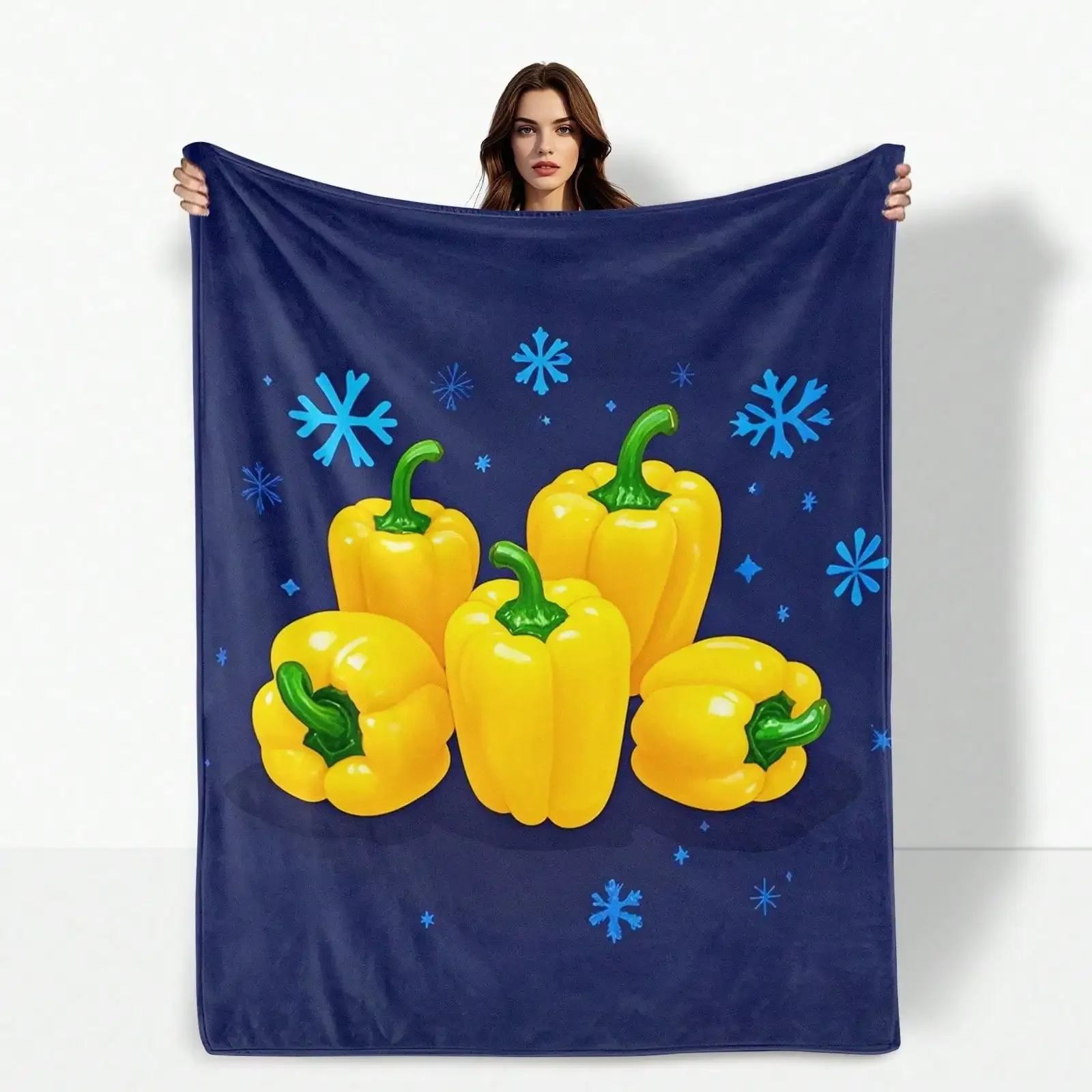 Patrón de chile amarillo vibrante y pimiento de campana sobre fondo azul, manta cálida y elegante para decoración moderna del hogar