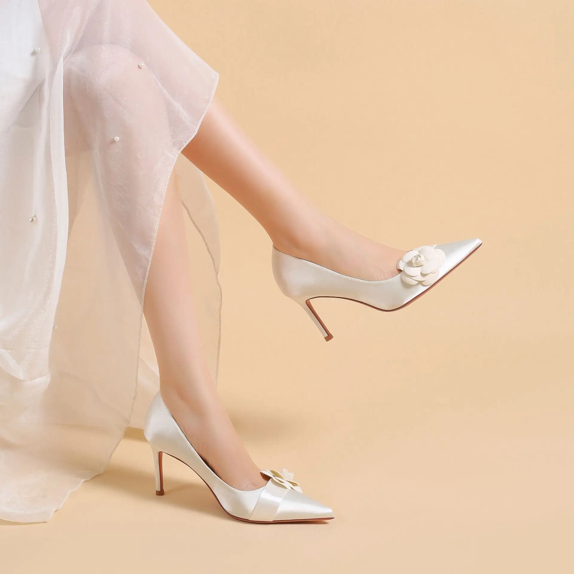 Camellia white satin high heels women's new retro main wedding dress bride shoes fairy style 6721